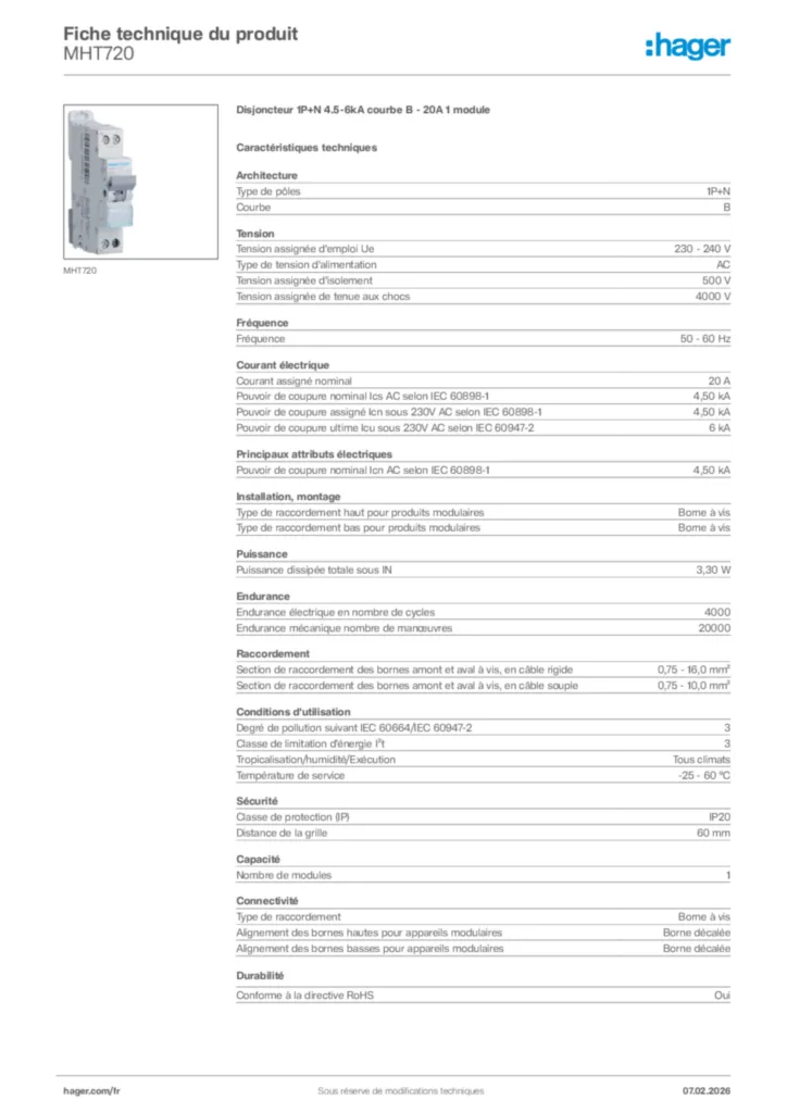 Image Hager Fiche technique du produit MHT720 | Hager France