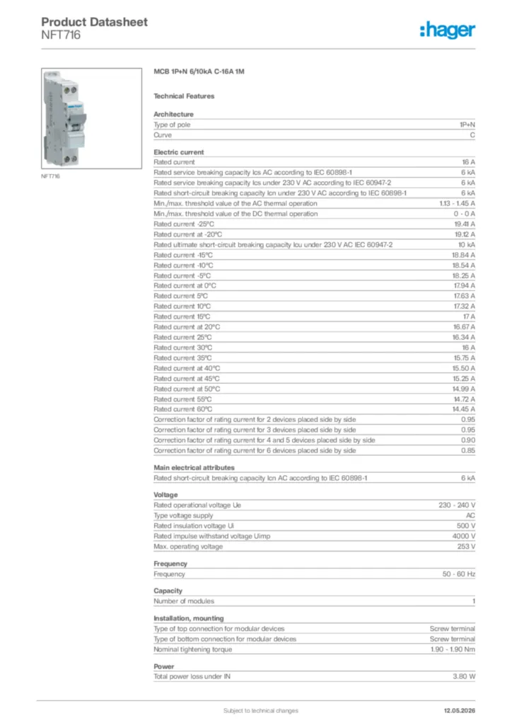 Image Hager Product data sheet NFT716  | Hager Africa