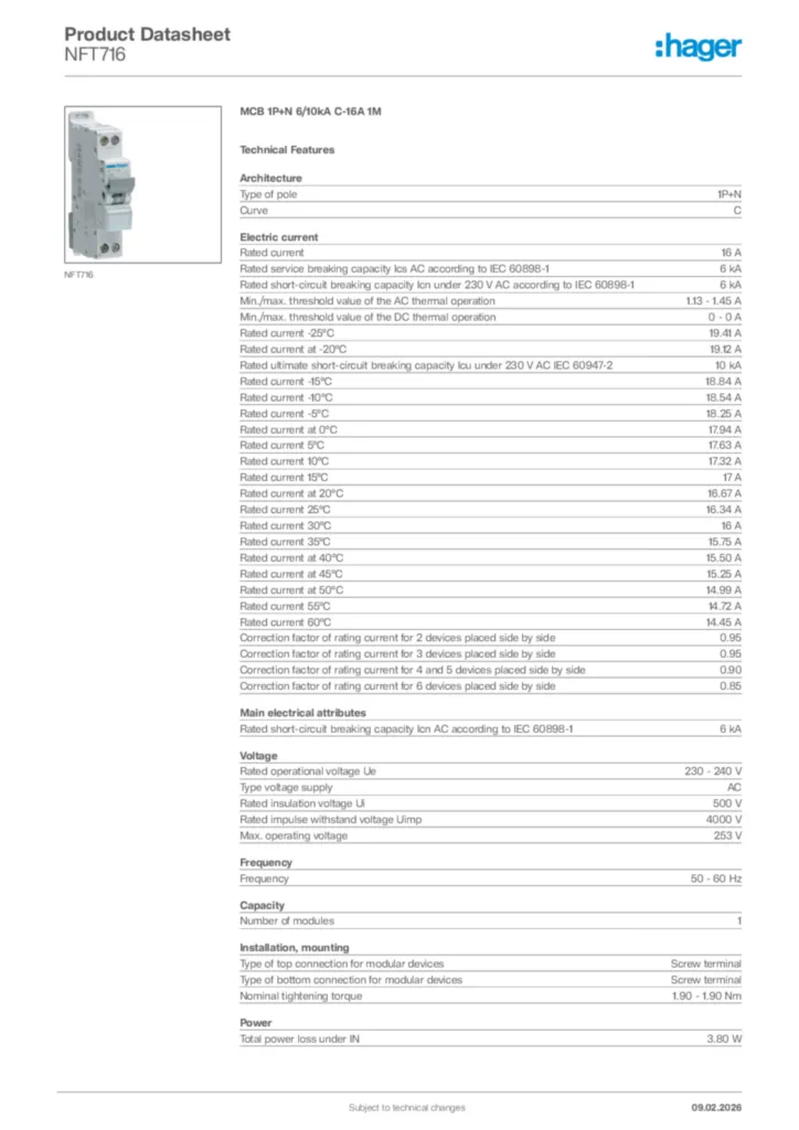 Image Hager Product data sheet NFT716  | Hager Africa