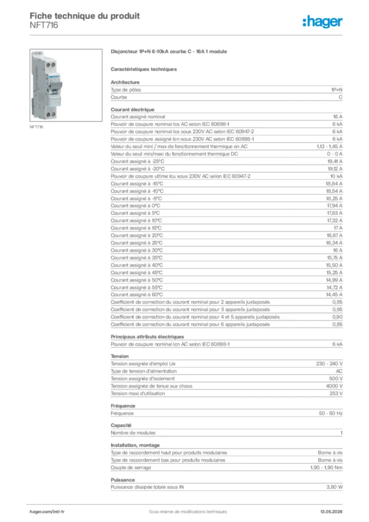 Image Hager Fiche technique du produit NFT716 | Hager Afrique
