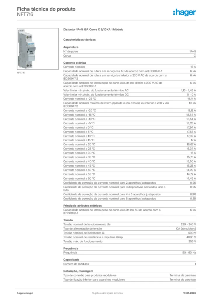 Imagem Hager Ficha técnica do produto NFT716 | Hager Portugal
