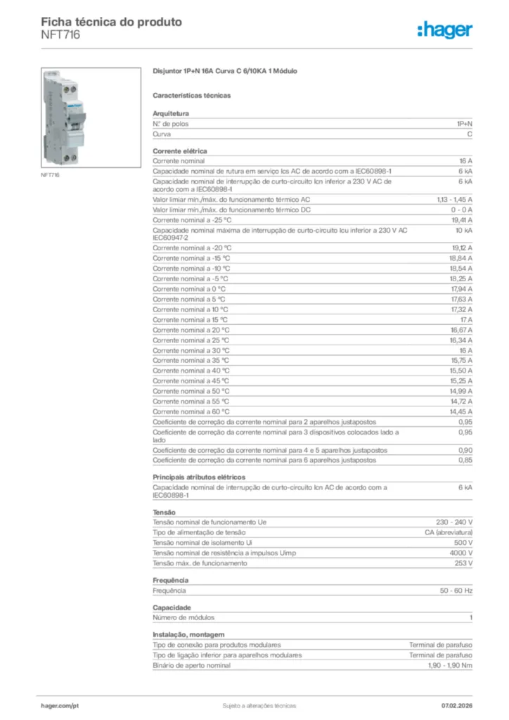 Imagem Hager Ficha técnica do produto NFT716 | Hager Portugal