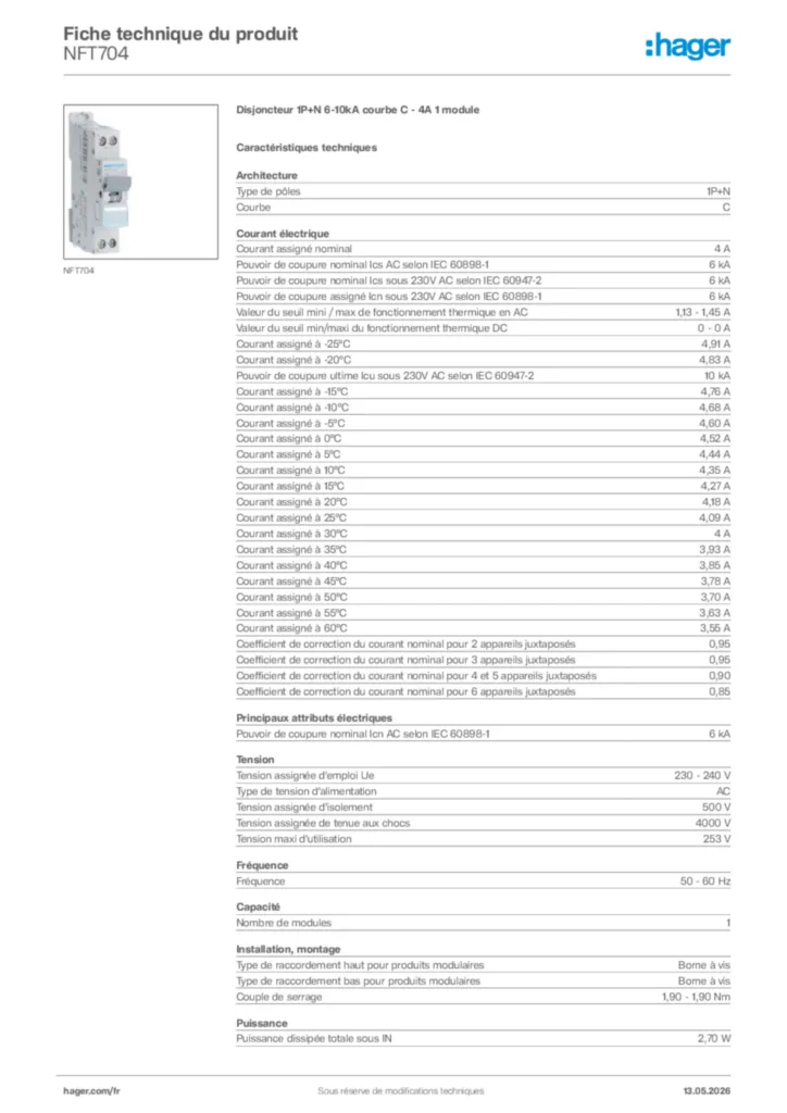 Image Hager Fiche technique du produit NFT704 | Hager France