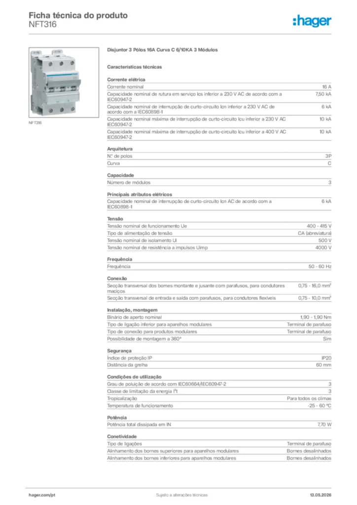 Imagem Hager Ficha técnica do produto NFT316 | Hager Portugal