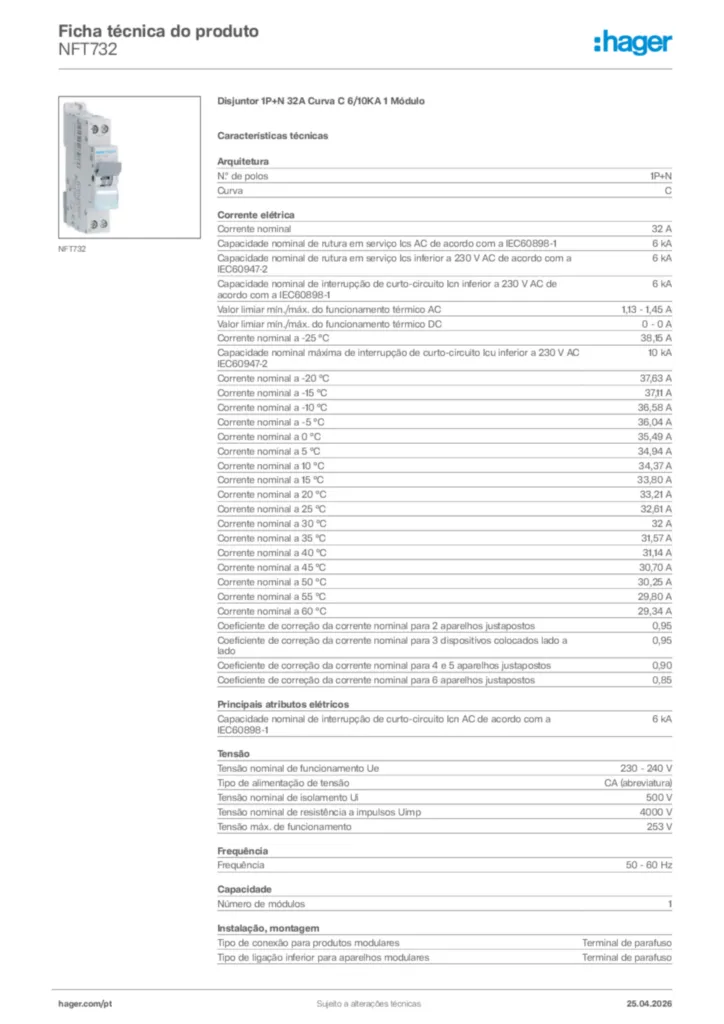 Imagem Hager Ficha técnica do produto NFT732 | Hager Portugal