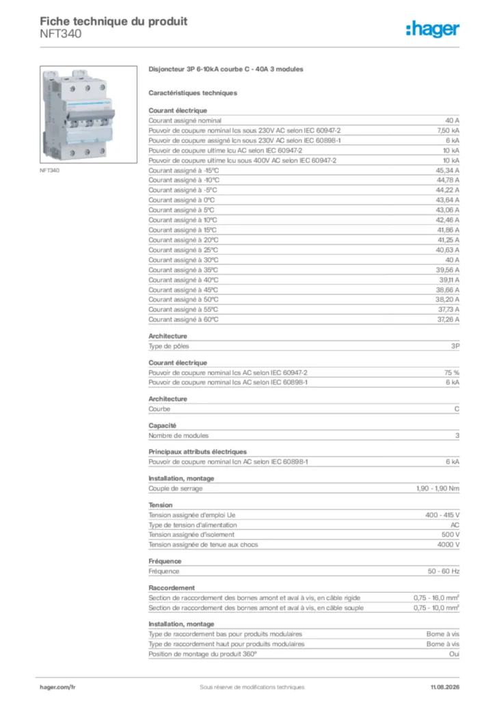 Image Hager Fiche technique du produit NFT340 | Hager France