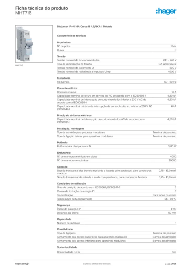 Imagem Hager Ficha técnica do produto MHT716 | Hager Portugal