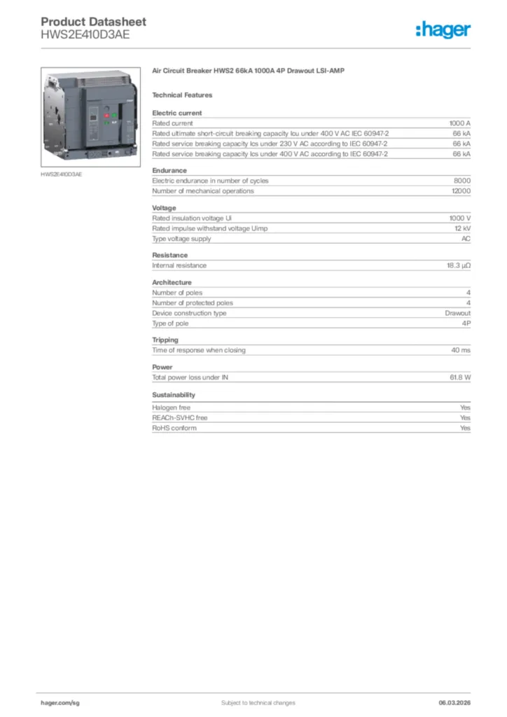 Image Hager Product data sheet HWS2E410D3AE  | Hager