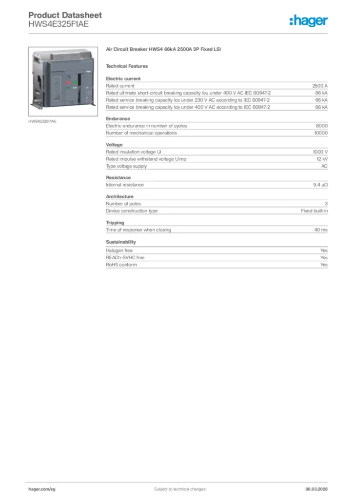 Image Hager Product data sheet HWS4E325F1AE  | Hager
