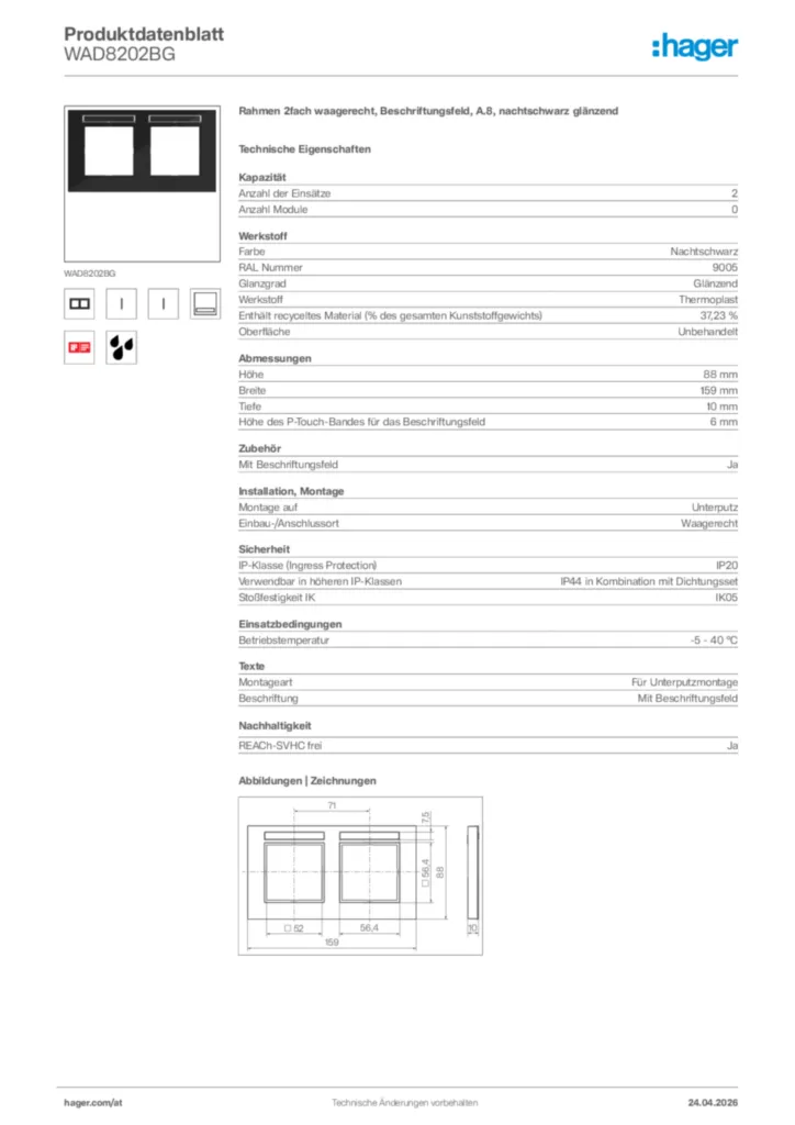 Bild Hager Produktdatenblatt WAD8202BG | Hager Deutschland