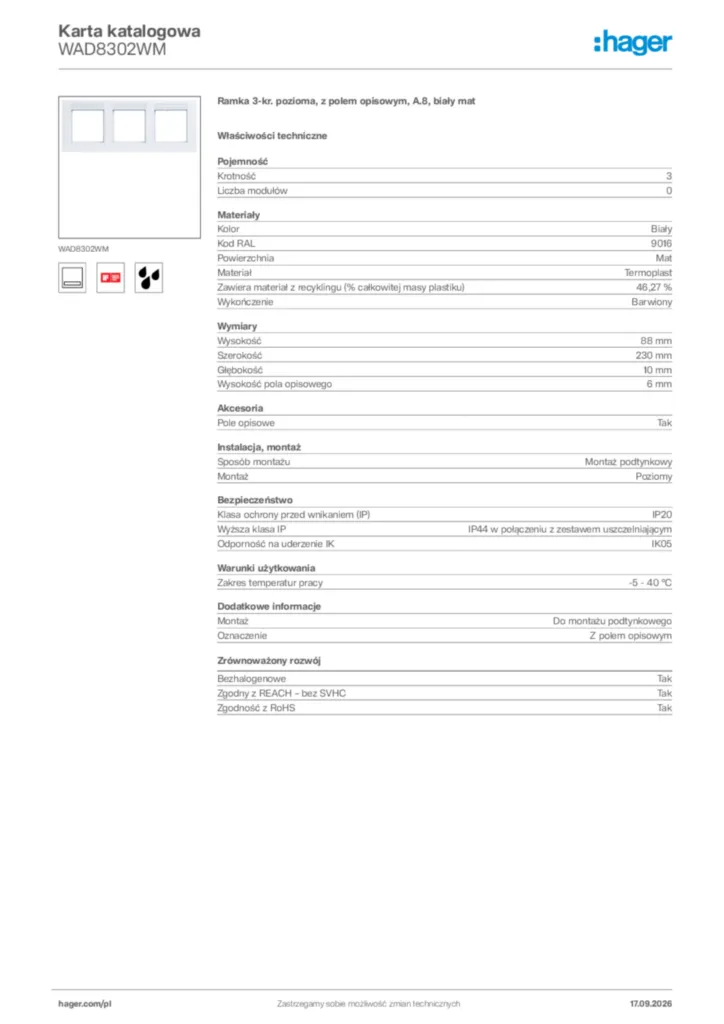 Zdjęcie Hager Karta katalogowa WAD8302WM | Hager Polska