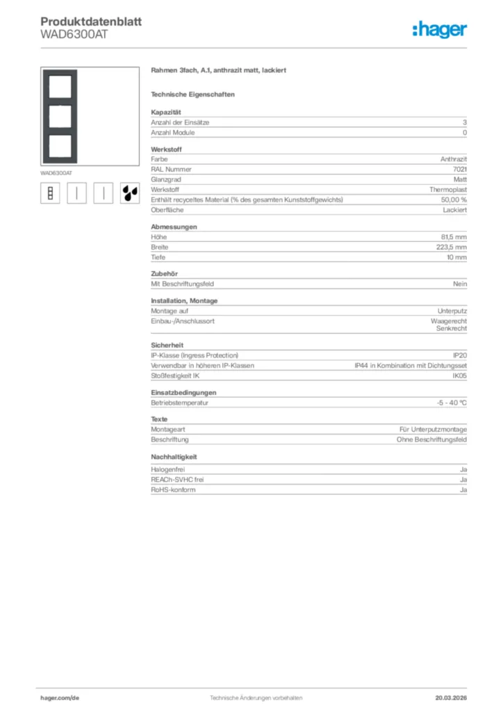 Bild Hager Produktdatenblatt WAD6300AT | Hager Deutschland
