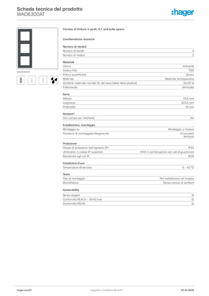 Immagine Hager Scheda tecnica del prodotto WAD6300AT | Hager Italia