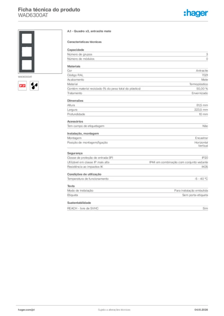 Imagem Hager Ficha técnica do produto WAD6300AT | Hager Portugal