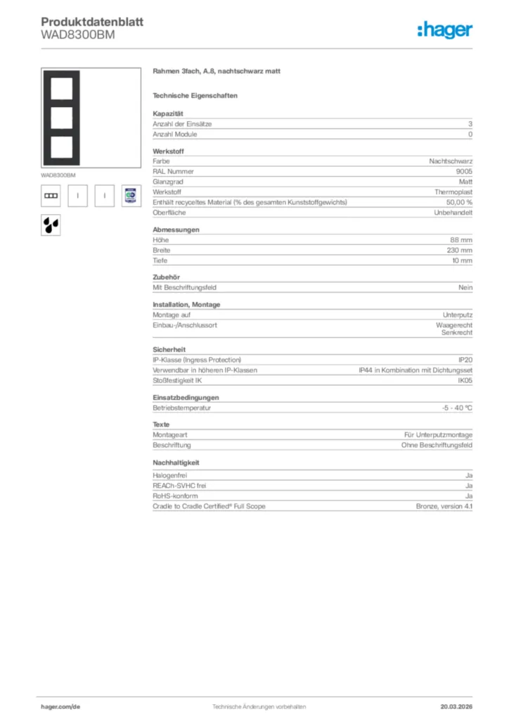 Bild Hager Produktdatenblatt WAD8300BM | Hager Deutschland