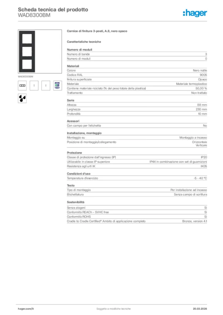 Immagine Hager Scheda tecnica del prodotto WAD8300BM | Hager Italia