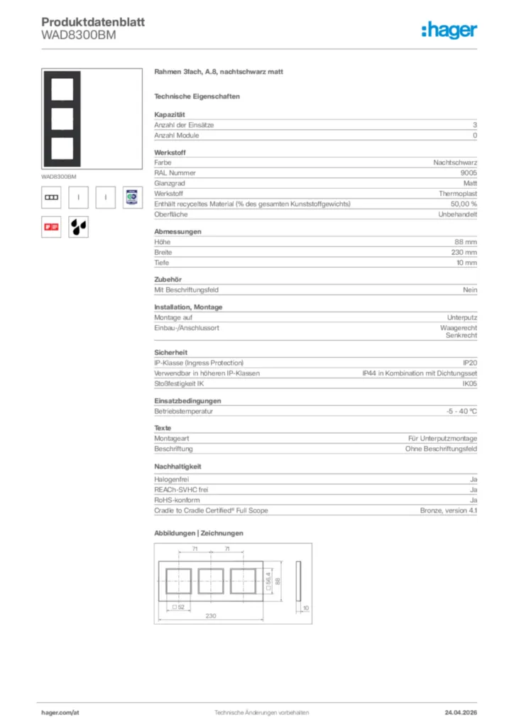 Bild Hager Produktdatenblatt WAD8300BM | Hager Deutschland