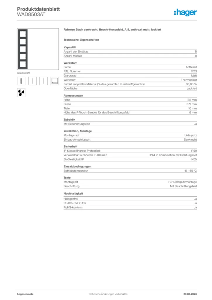 Bild Hager Produktdatenblatt WAD8503AT | Hager Deutschland