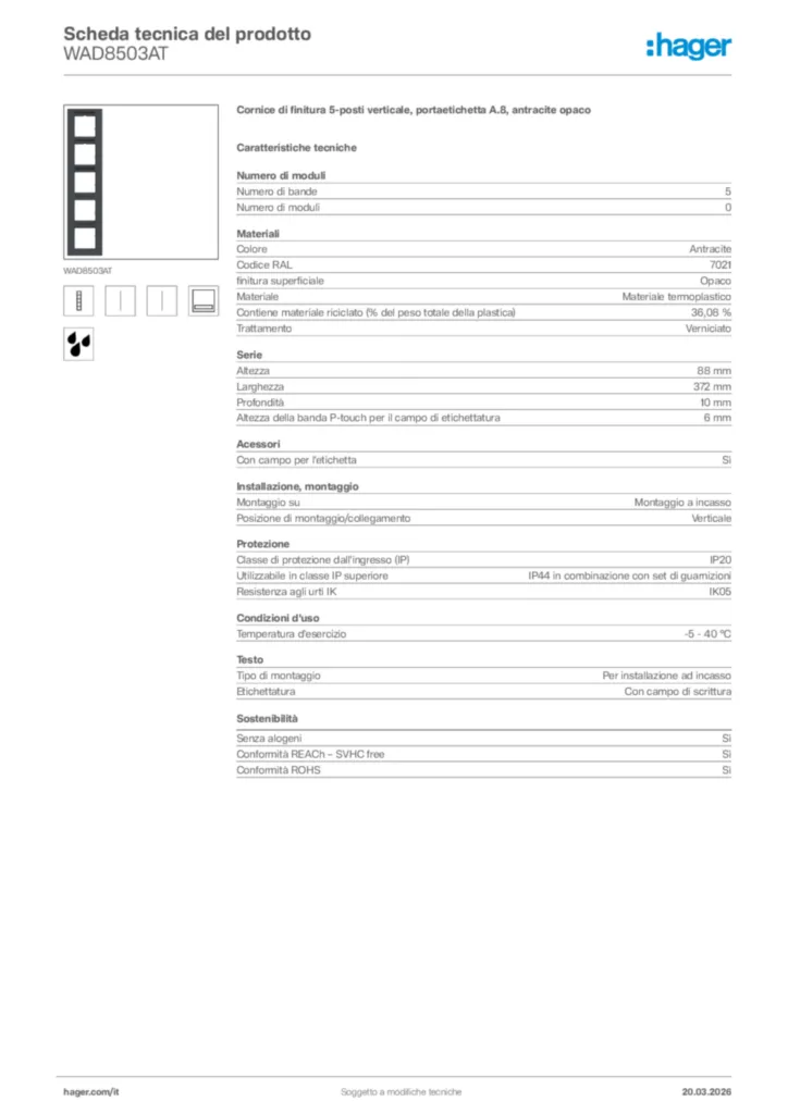 Immagine Hager Scheda tecnica del prodotto WAD8503AT | Hager Italia