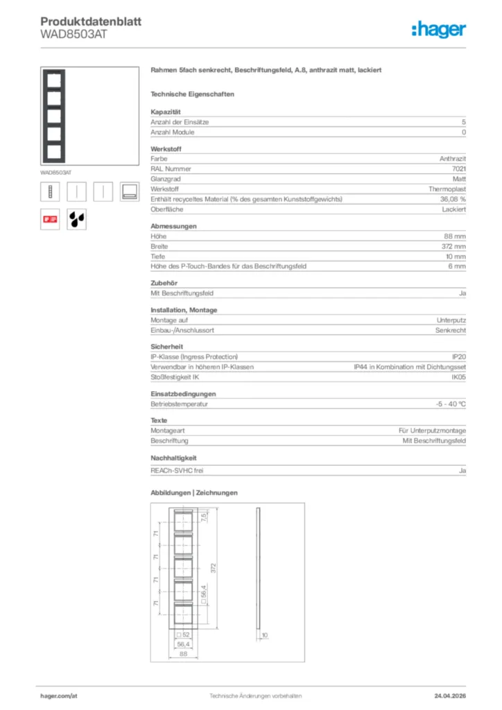 Bild Hager Produktdatenblatt WAD8503AT | Hager Deutschland