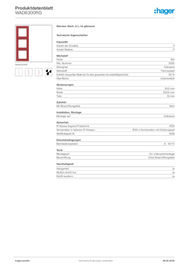 Bild Hager Produktdatenblatt WAD6300RG | Hager Deutschland