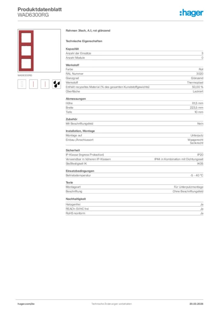 Bild Hager Produktdatenblatt WAD6300RG | Hager Deutschland