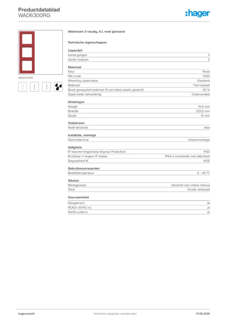 Afbeelding Hager Productdatablad WAD6300RG | Hager Nederland