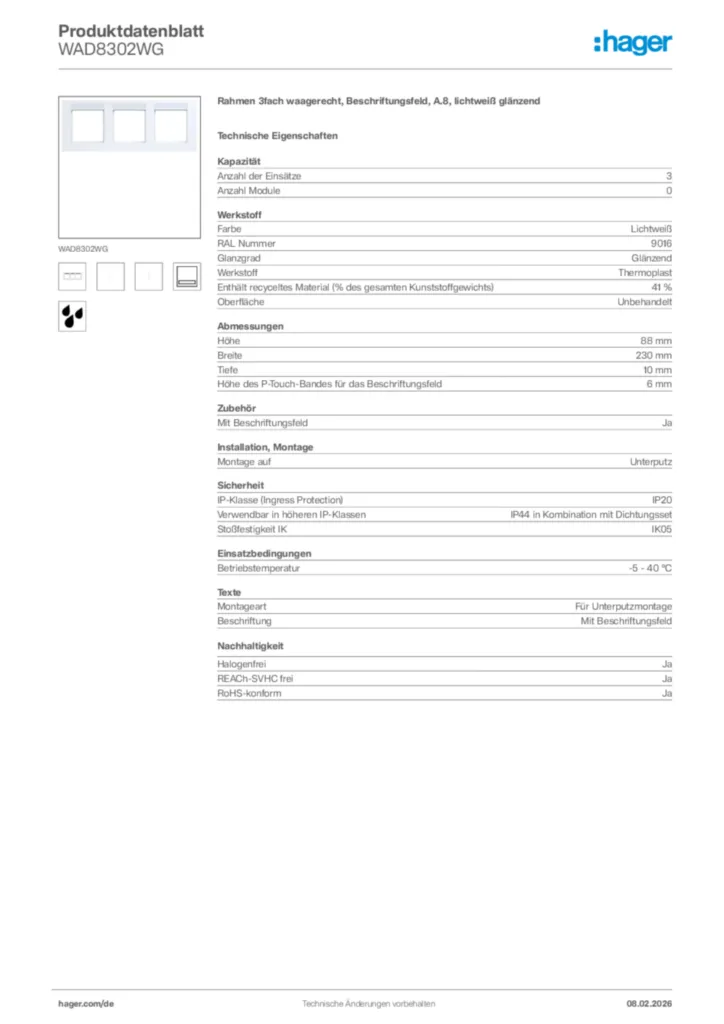 Bild Hager Produktdatenblatt WAD8302WG | Hager Deutschland