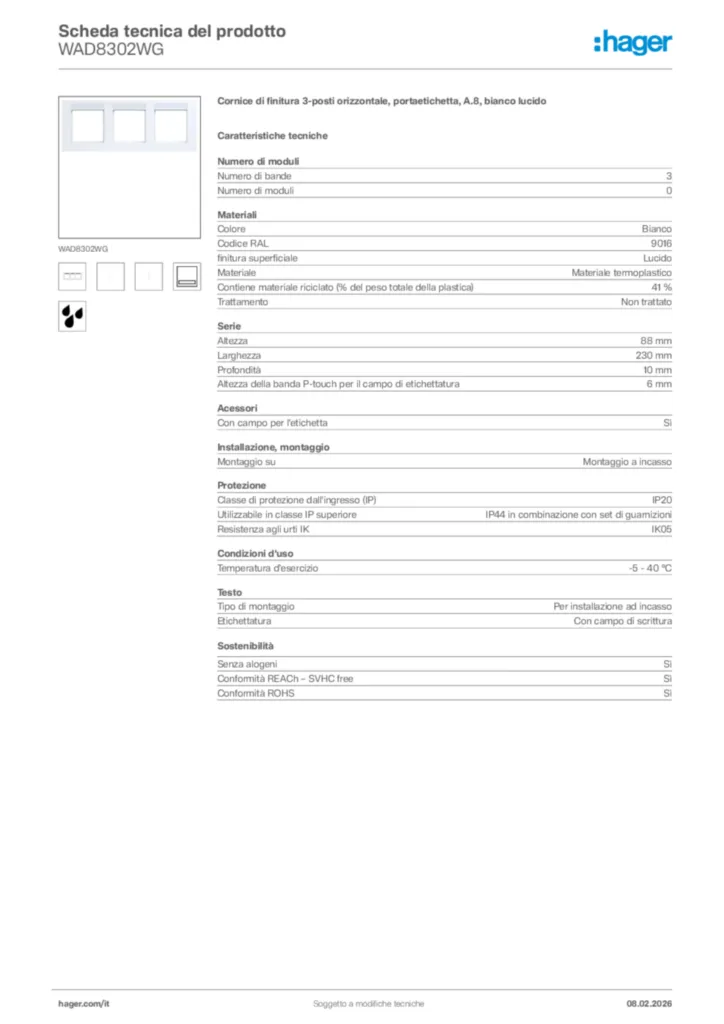 Immagine Hager Scheda tecnica del prodotto WAD8302WG | Hager Italia