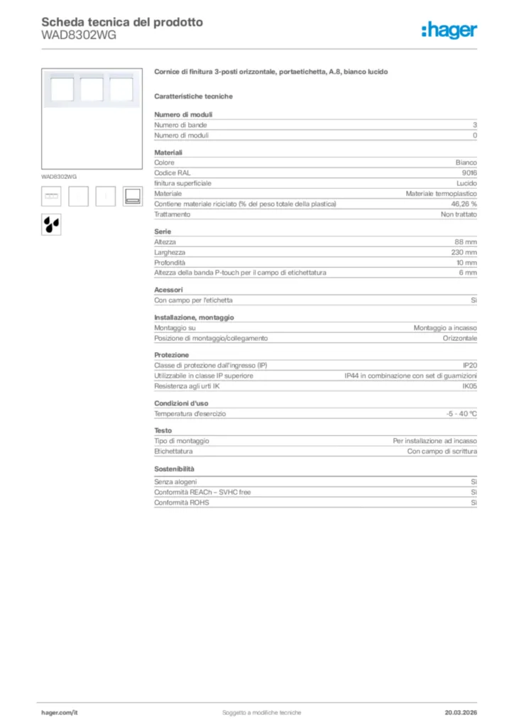 Immagine Hager Scheda tecnica del prodotto WAD8302WG | Hager Italia