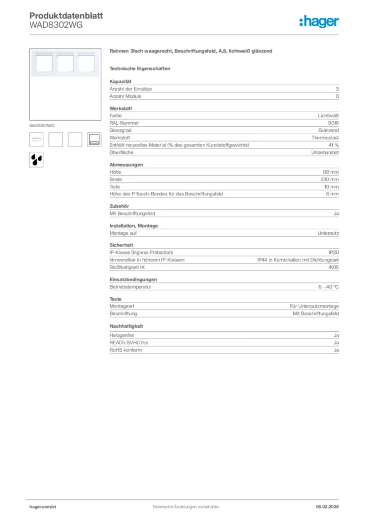 Bild Hager Produktdatenblatt WAD8302WG | Hager Deutschland