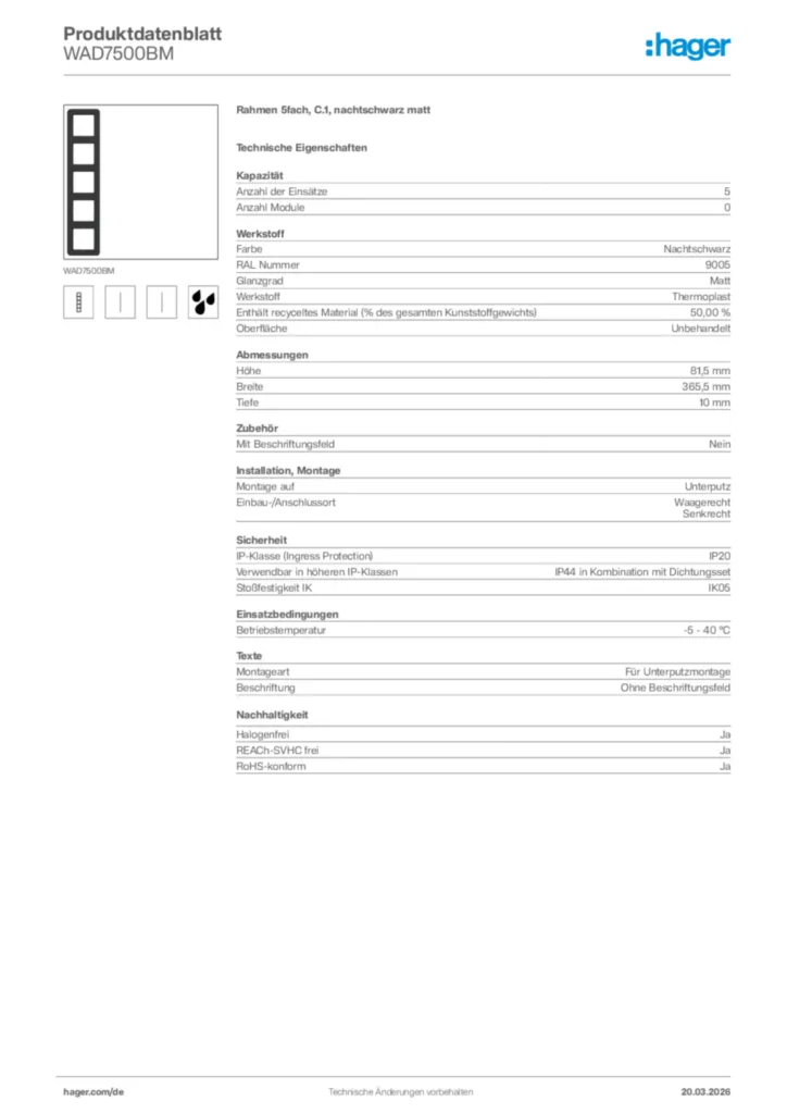 Bild Hager Produktdatenblatt WAD7500BM | Hager Deutschland