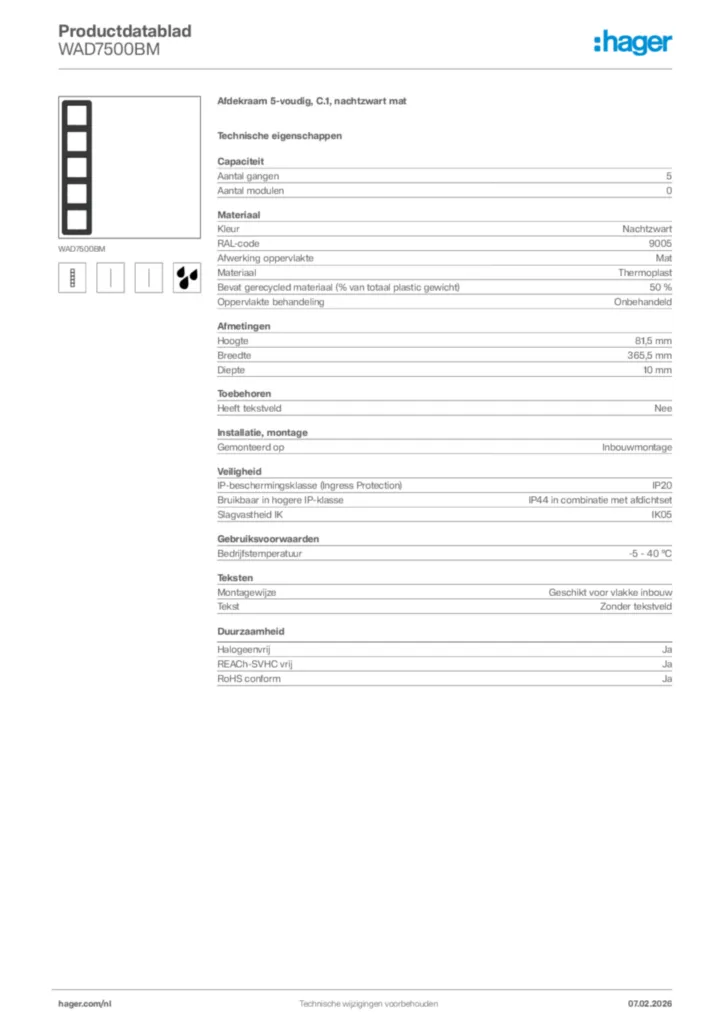 Afbeelding Hager Productdatablad WAD7500BM | Hager Nederland