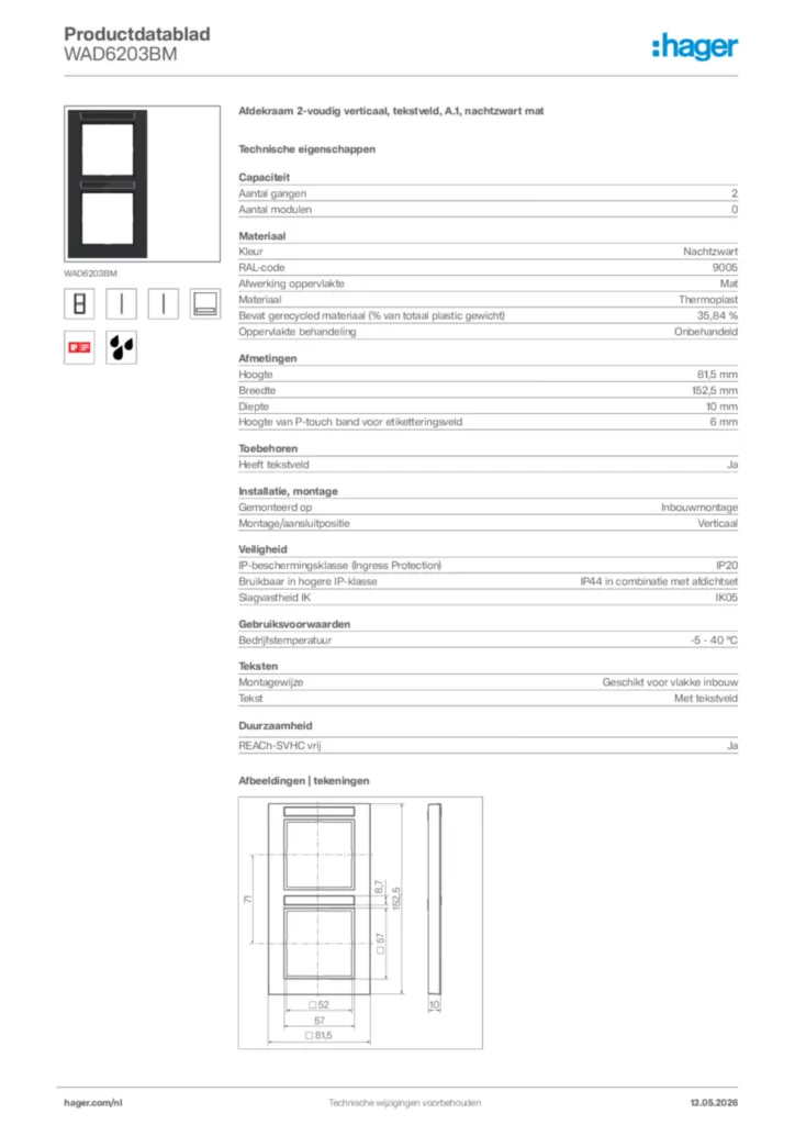 Afbeelding Hager Productdatablad WAD6203BM | Hager Nederland