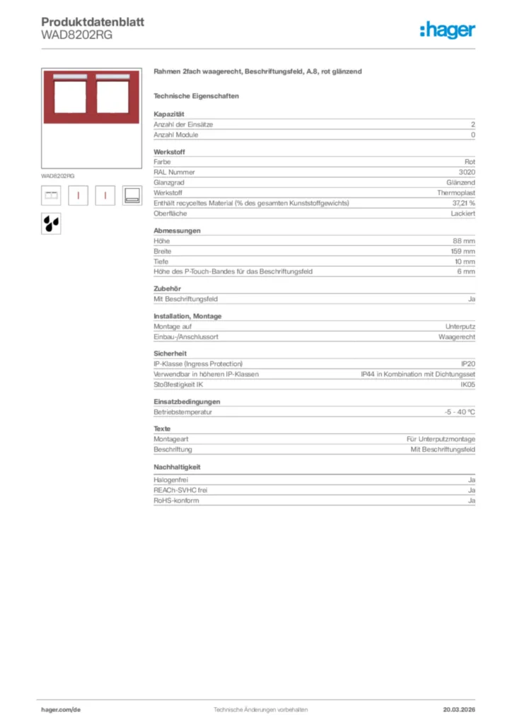 Bild Hager Produktdatenblatt WAD8202RG | Hager Deutschland