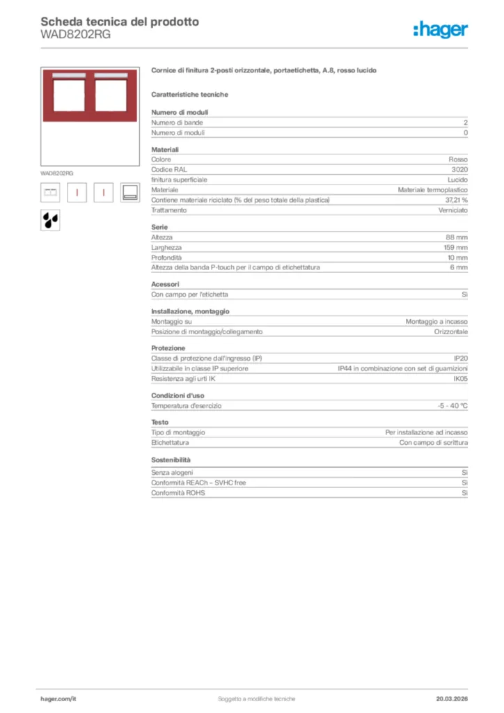 Immagine Hager Scheda tecnica del prodotto WAD8202RG | Hager Italia