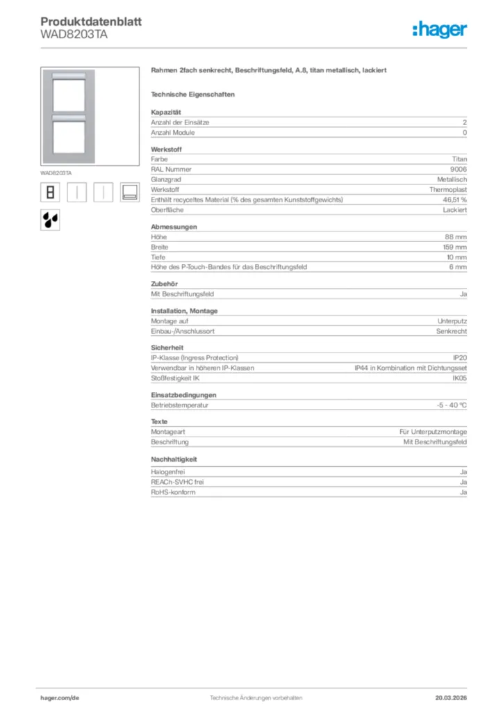 Bild Hager Produktdatenblatt WAD8203TA | Hager Deutschland