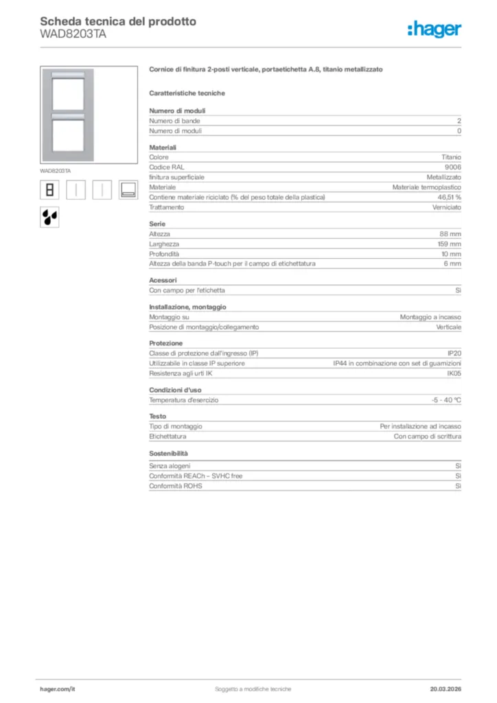 Immagine Hager Scheda tecnica del prodotto WAD8203TA | Hager Italia