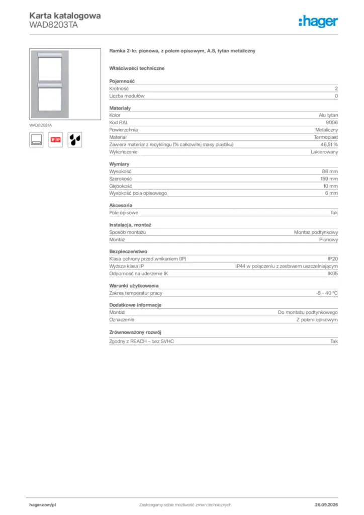 Zdjęcie Hager Karta katalogowa WAD8203TA | Hager Polska