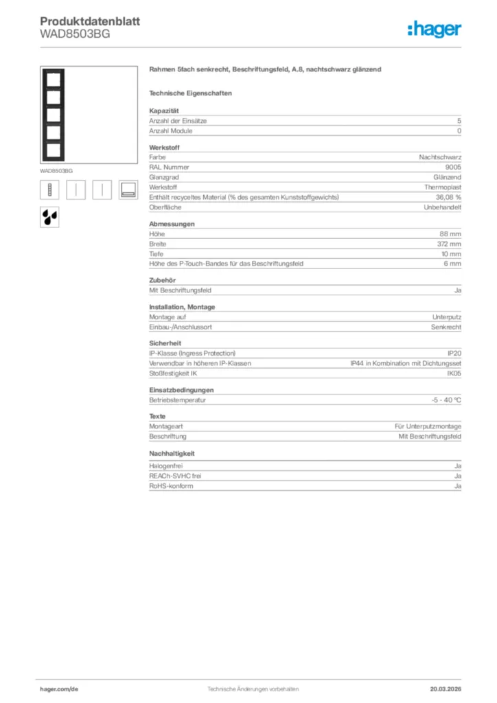 Bild Hager Produktdatenblatt WAD8503BG | Hager Deutschland