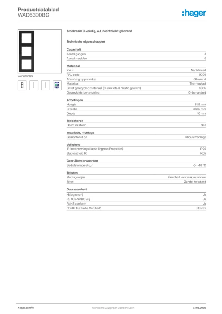 Afbeelding Hager Productdatablad WAD6300BG | Hager Nederland