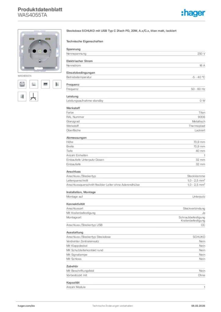 Bild Hager Produktdatenblatt WAS4055TA | Hager Deutschland