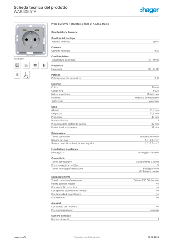 Immagine Hager Scheda tecnica del prodotto WAS4055TA | Hager Italia