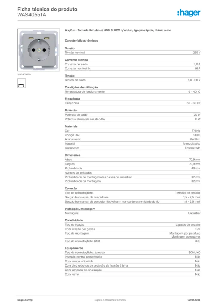 Imagem Hager Ficha técnica do produto WAS4055TA | Hager Portugal