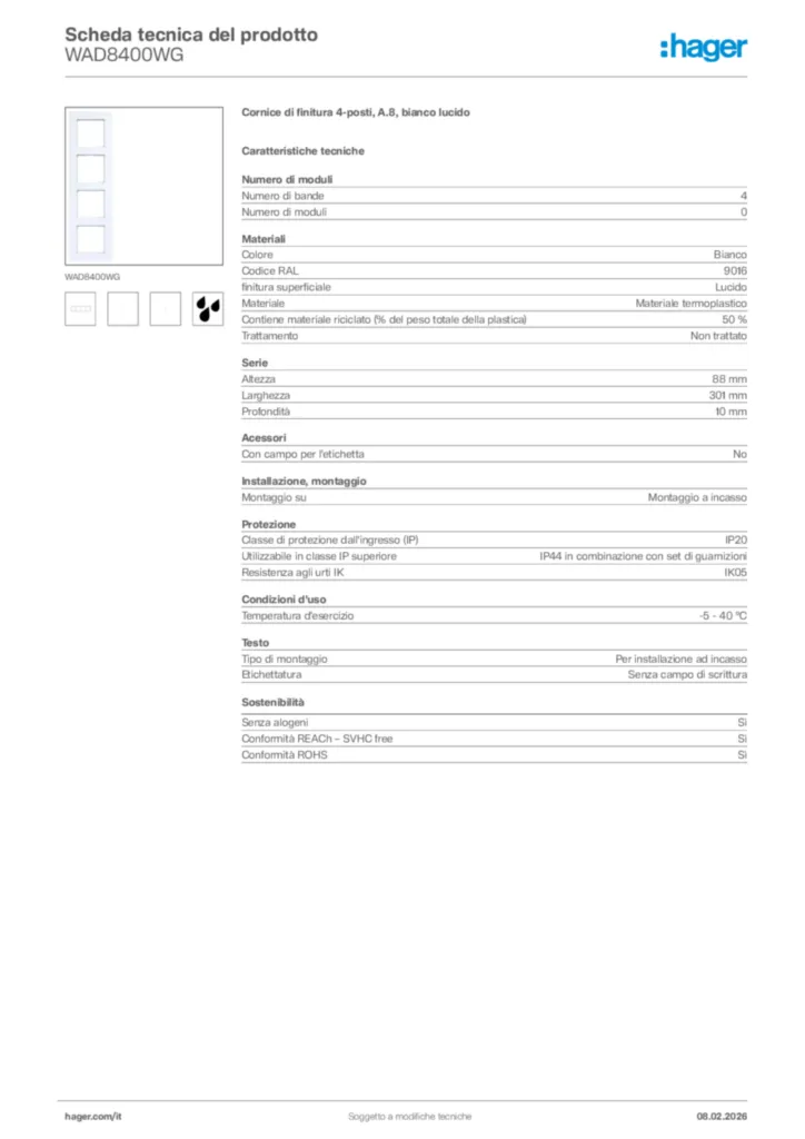 Immagine Hager Scheda tecnica del prodotto WAD8400WG | Hager Italia