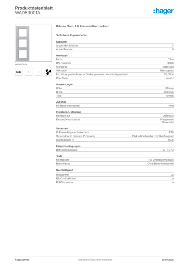 Bild Hager Produktdatenblatt WAD8300TA | Hager Deutschland