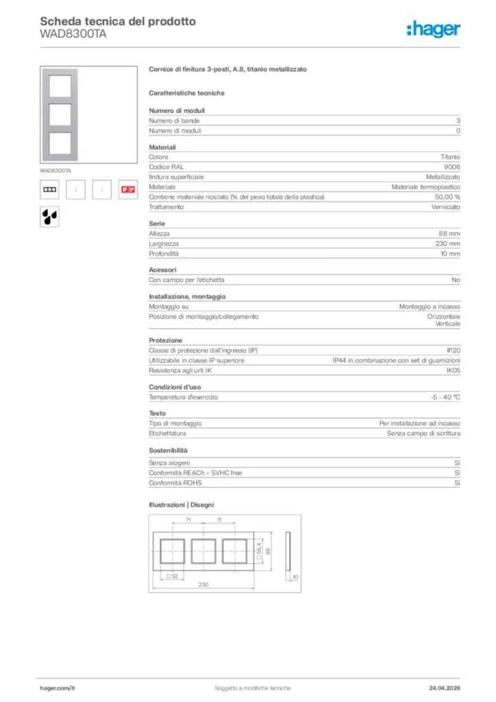 Immagine Hager Scheda tecnica del prodotto WAD8300TA | Hager Italia