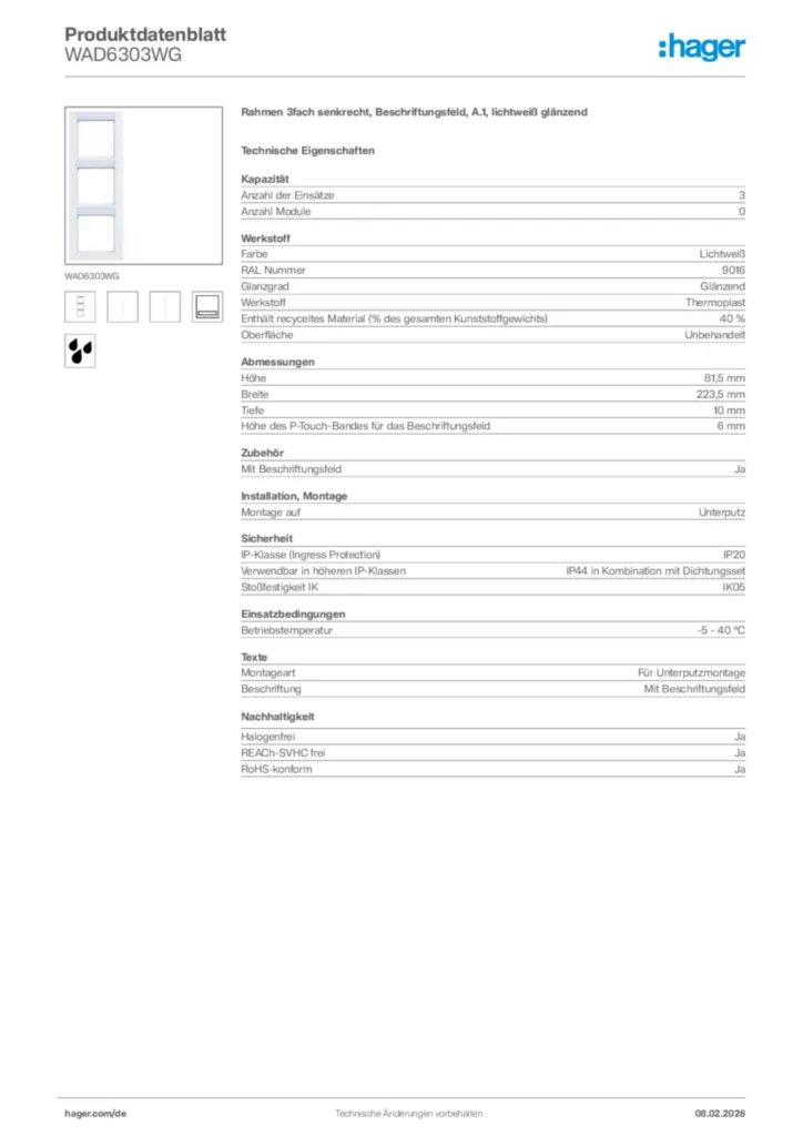 Bild Hager Produktdatenblatt WAD6303WG | Hager Deutschland