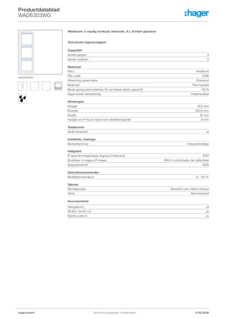 Afbeelding Hager Productdatablad WAD6303WG | Hager Nederland