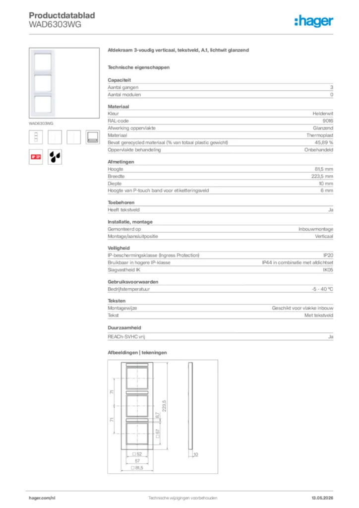 Afbeelding Hager Productdatablad WAD6303WG | Hager Nederland